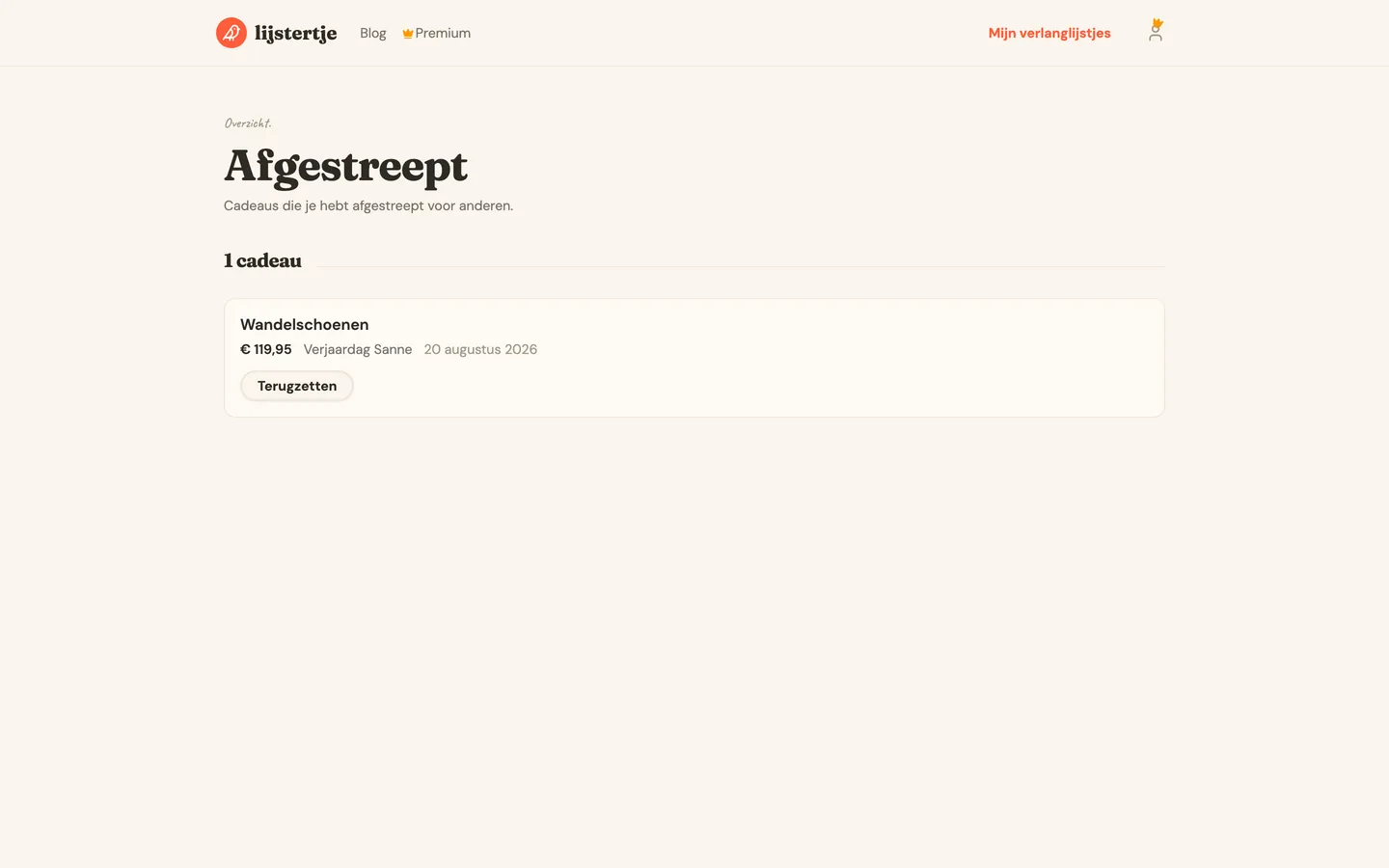 Het overzicht met alle cadeaus die je hebt afgestreept