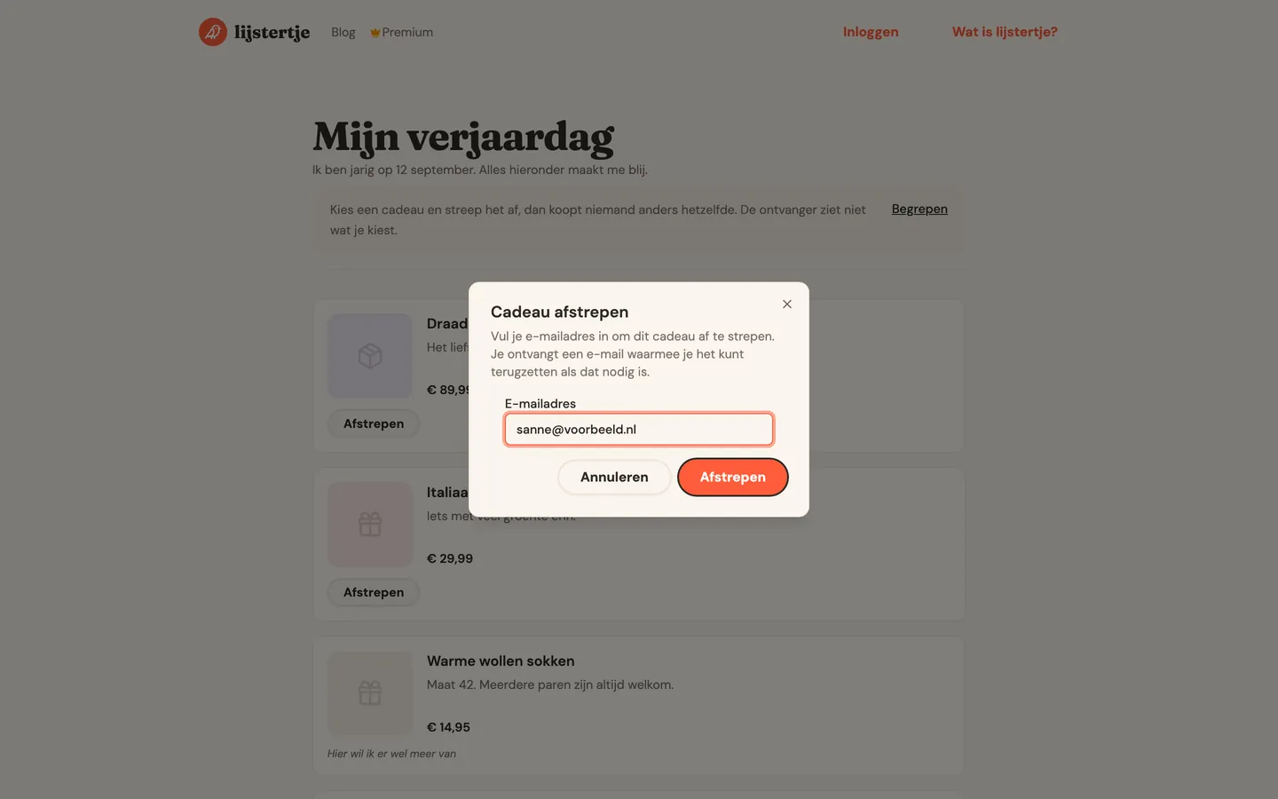 Het venster waarin je een cadeau afstreept met je e-mailadres