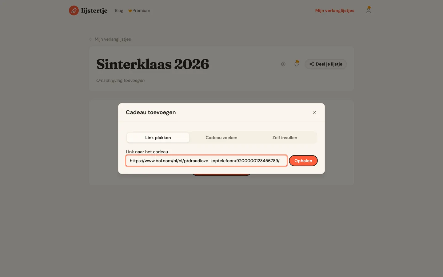 Het tabblad waarop je een productlink uit een webshop plakt