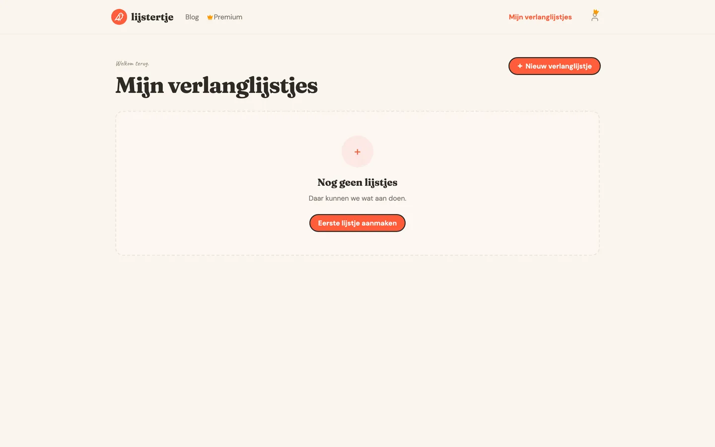 Het overzicht van een gebruiker die nog geen enkel verlanglijstje heeft