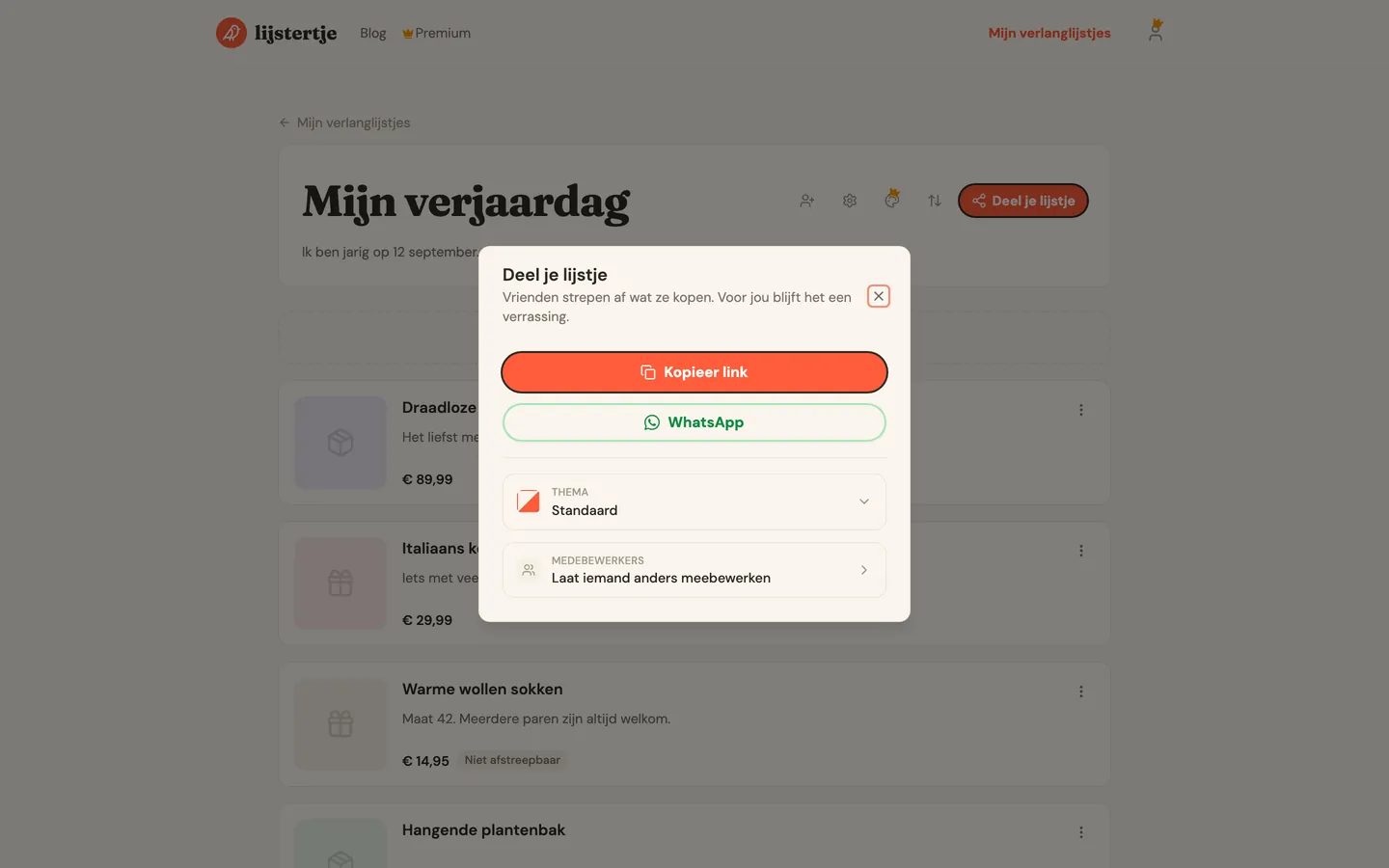 Het deelvenster met de knoppen Kopieer link en WhatsApp