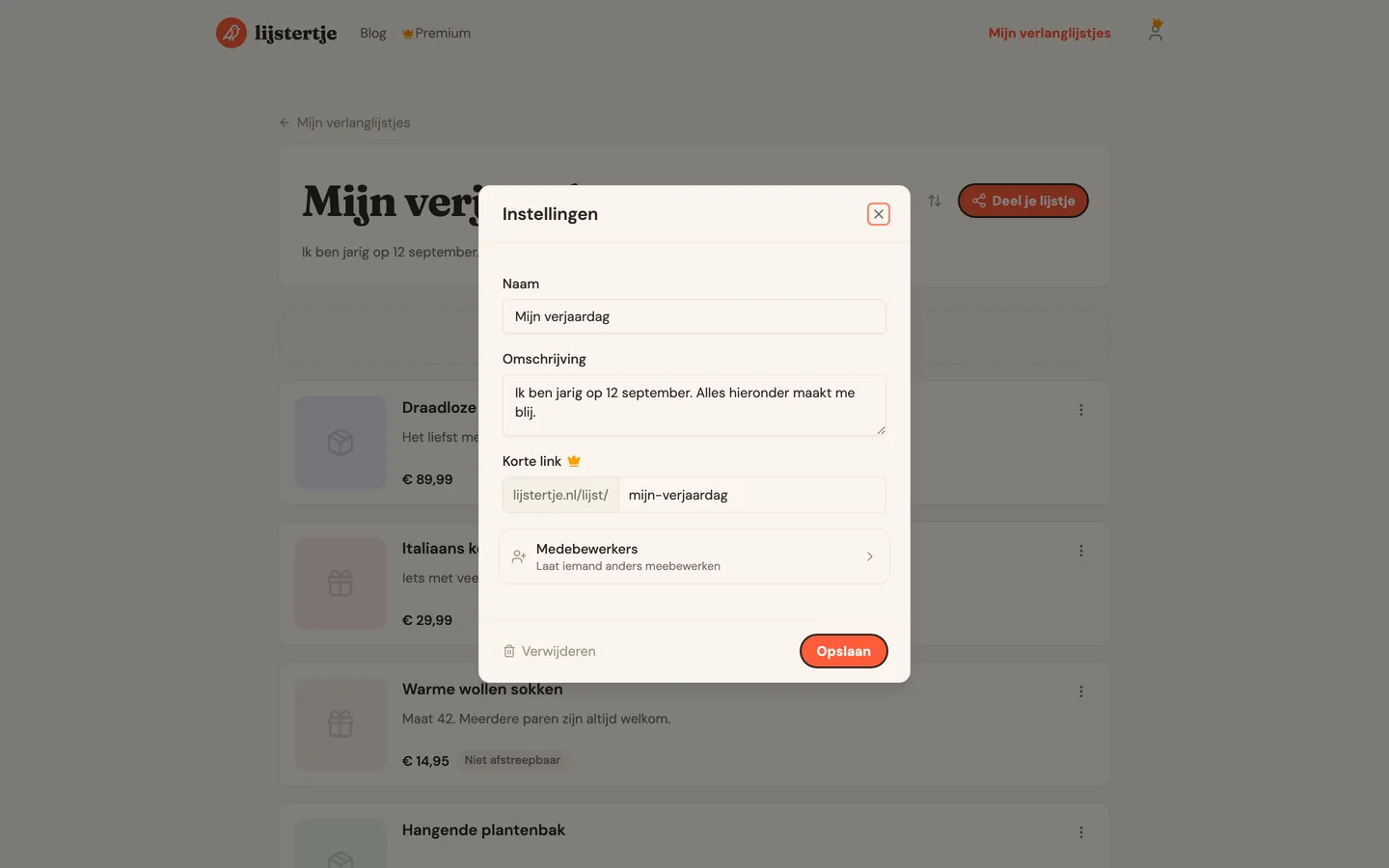 Het instellingenvenster van een verlanglijstje met onderin de regel Medebewerkers