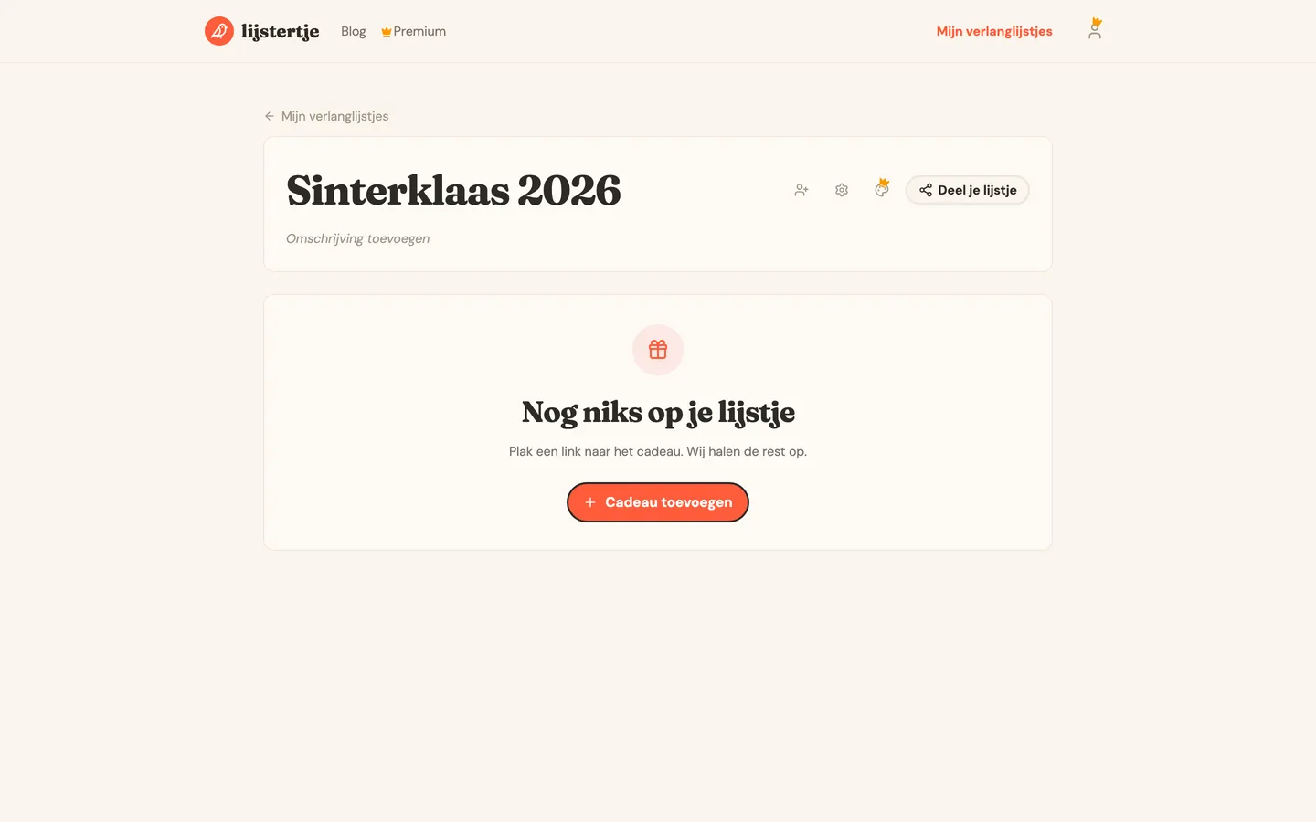 Een net aangemaakt, nog leeg verlanglijstje