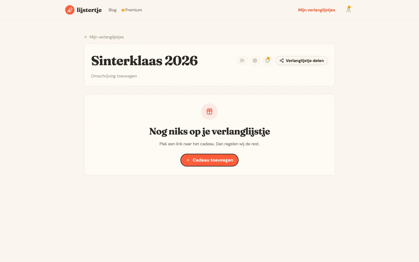 Een net aangemaakt, nog leeg verlanglijstje