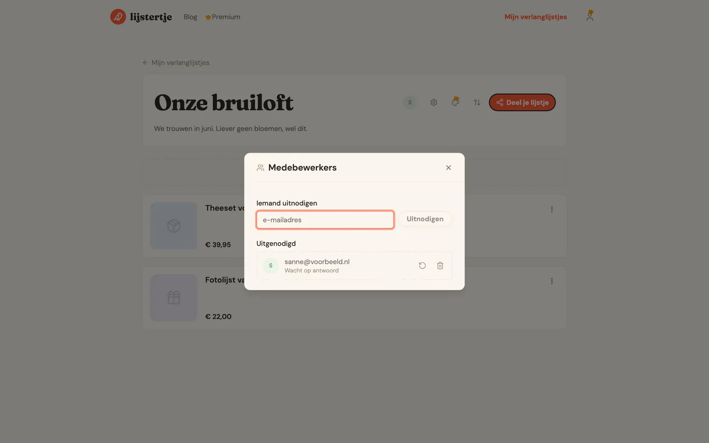 Het venster waarin je medebewerkers voor een verlanglijstje beheert