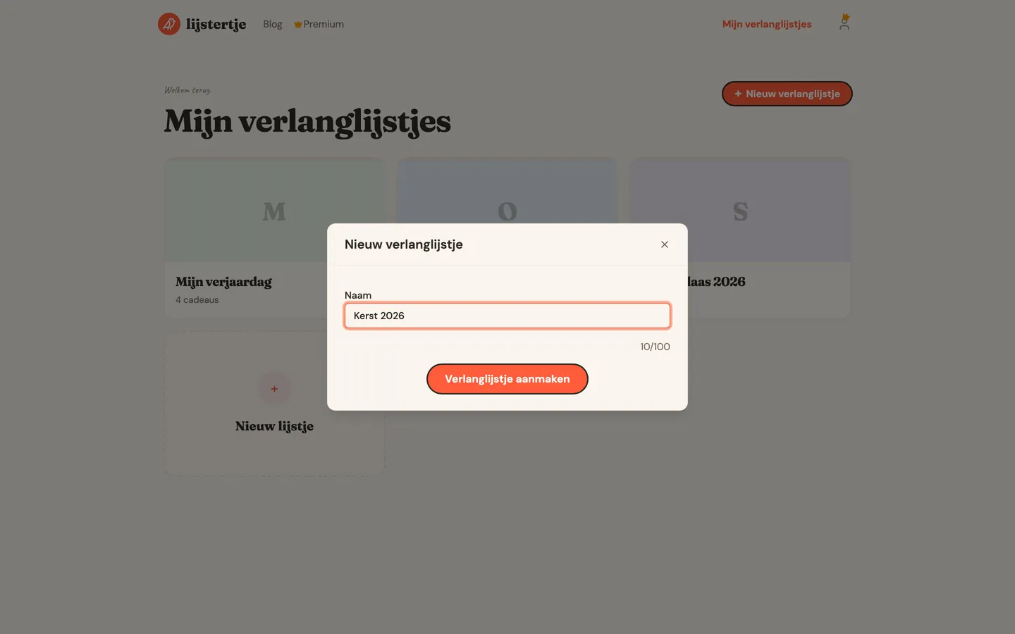 Het venster waarin je de naam van een nieuw verlanglijstje invult