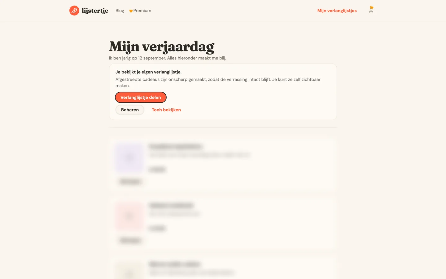 Het eigen verlanglijstje via de publieke link, volledig onscherp